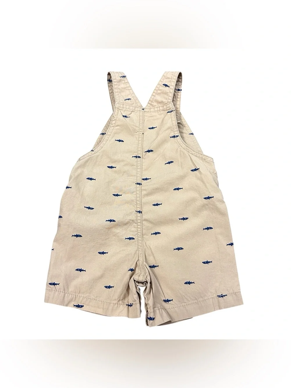 Carter’s Baby Boys 9M Khaki Shortalls Navy Fish Print Cotton Overall Romper
